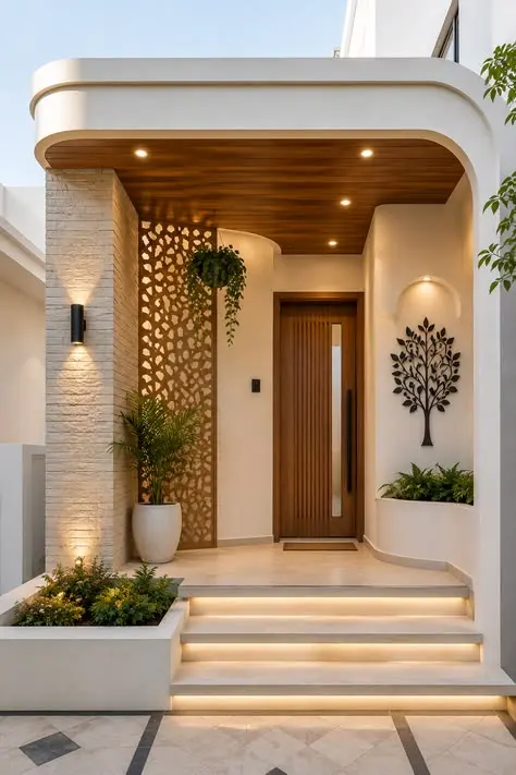 ورودی ساختمان با استفاده از عناصر طبیعی و طراحی خلاقانه برای ایجاد حس گرم و صمیمی