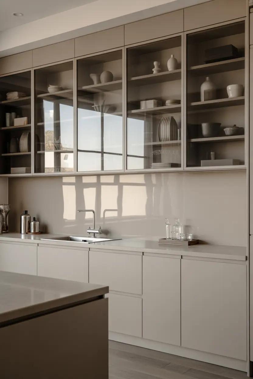 کابینت شیشه‌ای با فریم چوبی در اتاق نشیمن با طراحی مدرن