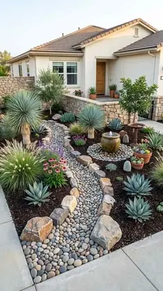 محوطه‌سازی با آب‌نما و گیاهان متنوع