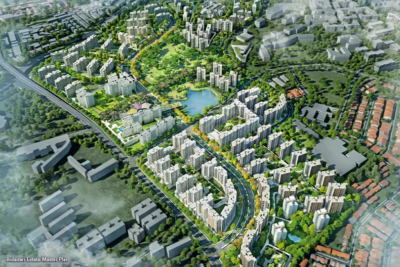 معماری شهری با ساختمان‌های مدرن و فضای سبز در یک طرح جامع