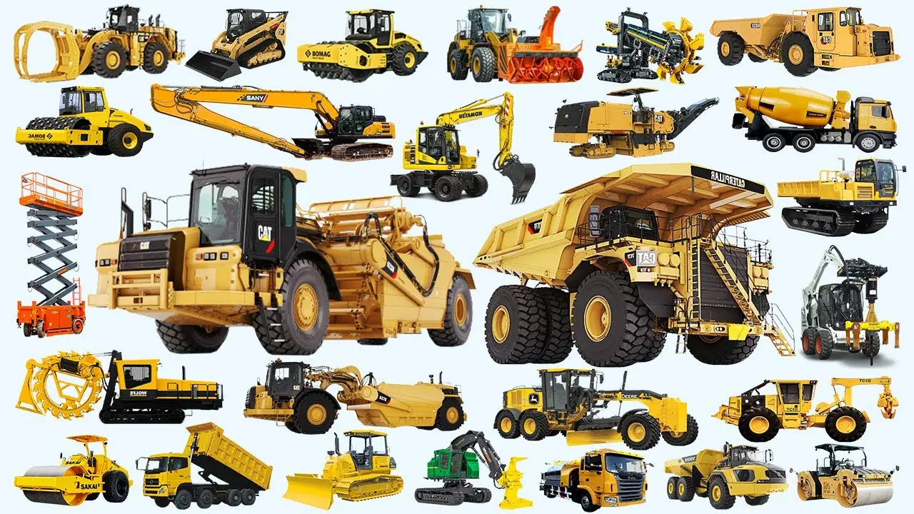 نمونه‌ای از تجهیزات سنگین ساختمانی مانند بولدوزر، اکسکاواتور و کرین