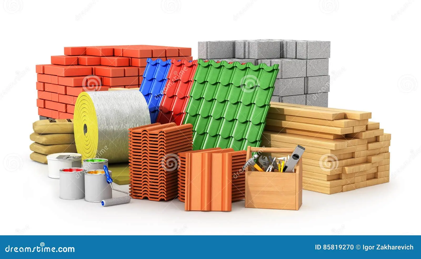 نمونه‌ای از مصالح ساختمانی مانند کفپوش، سقف و دیوارپوش در زمینه سفید