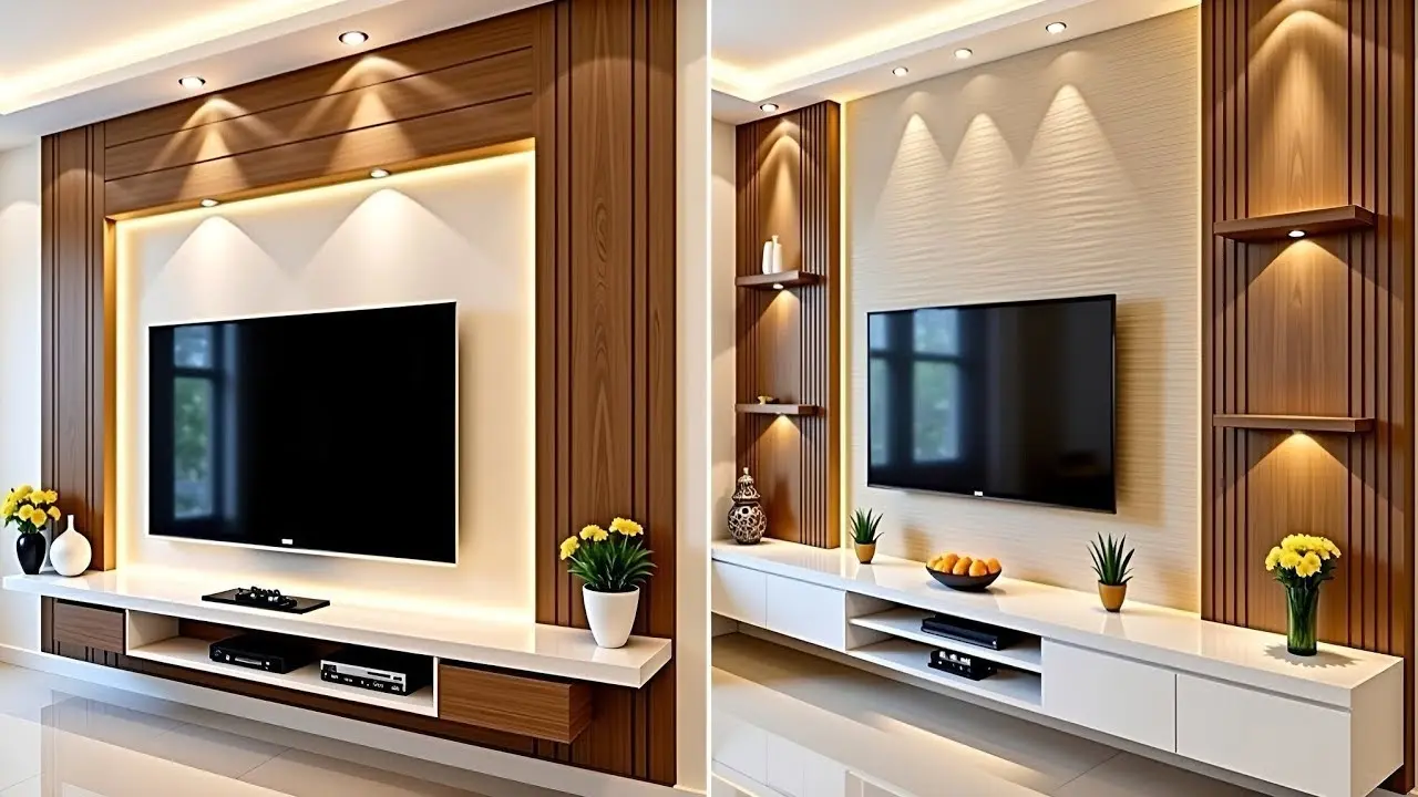 کابینت چوبی تلویزیون با طراحی مدرن و فضای گرم