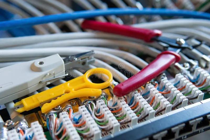 نصب کابل شبکه در کانال‌کشی ساختمان با سوئیچ و روتر