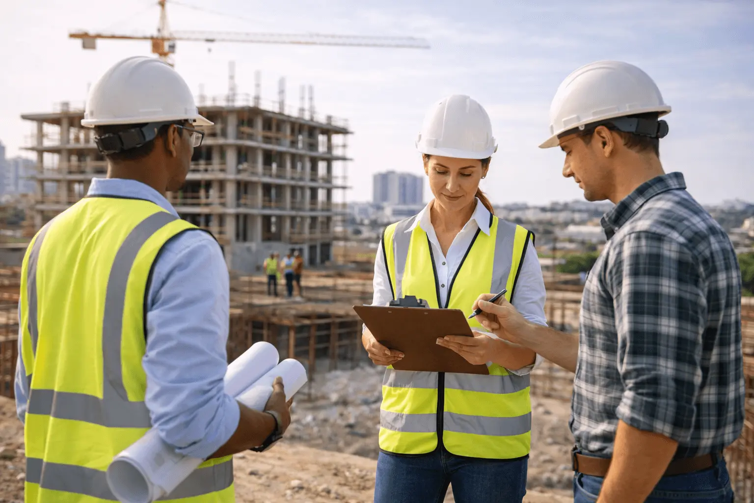تیم مهندسی در حال بررسی پیشرفت پروژه ساختمانی
