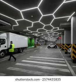 نورپردازی روشن پارکینگ زیرزمینی در روز