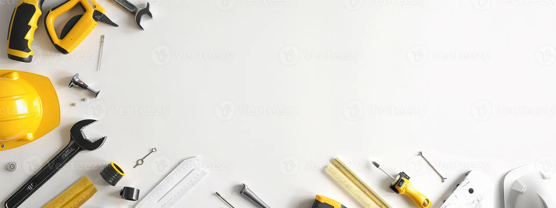 مجموعه‌ای از ابزارهای دستی بنایی مانند چکش، کلید، سنبه و متر بر روی زمینه سفید